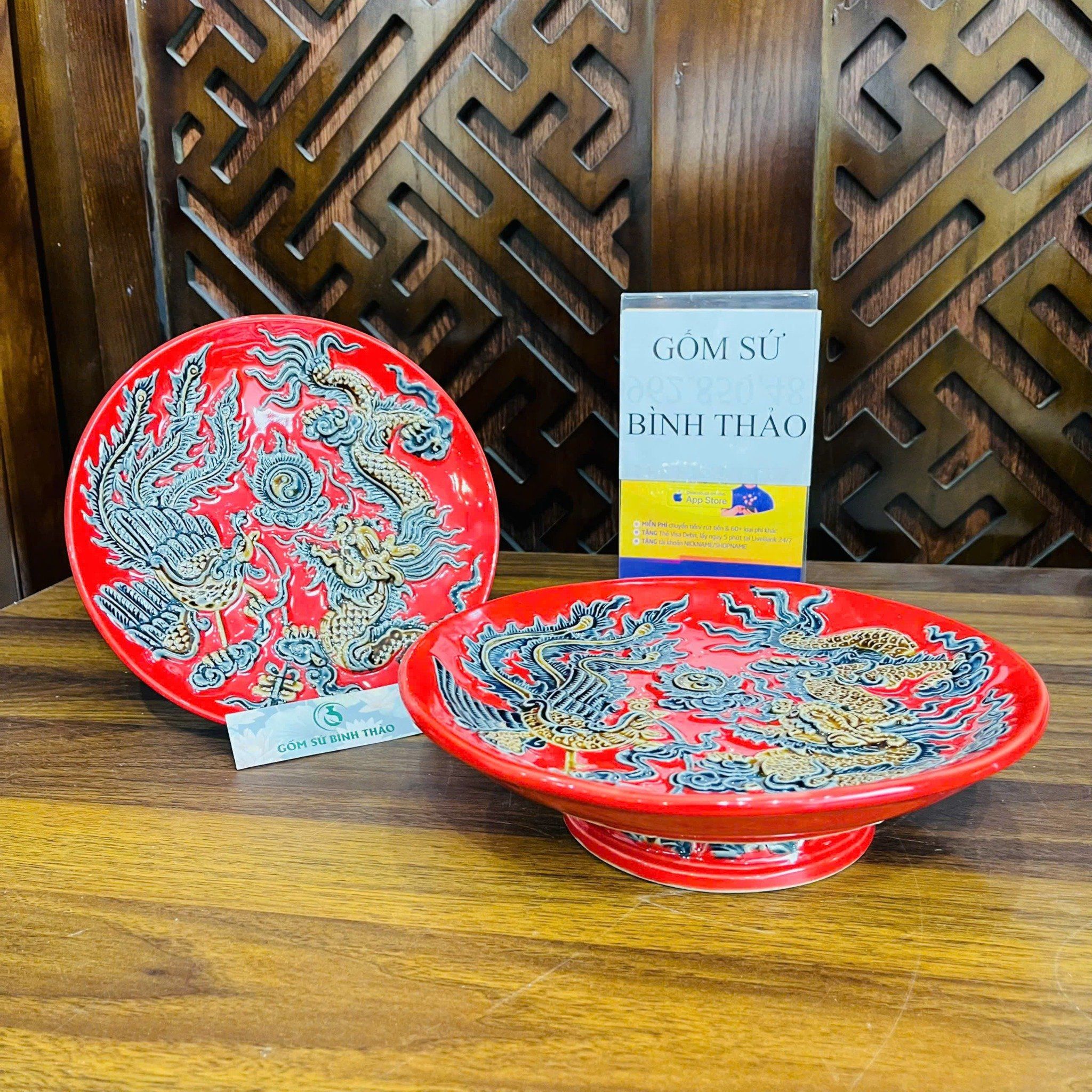  Mâm bồng, đĩa đựng hoa quả, đĩa trầu men đỏ họa tiết rồng/ sen đắp nổi - Gốm sứ Bát Tràng 