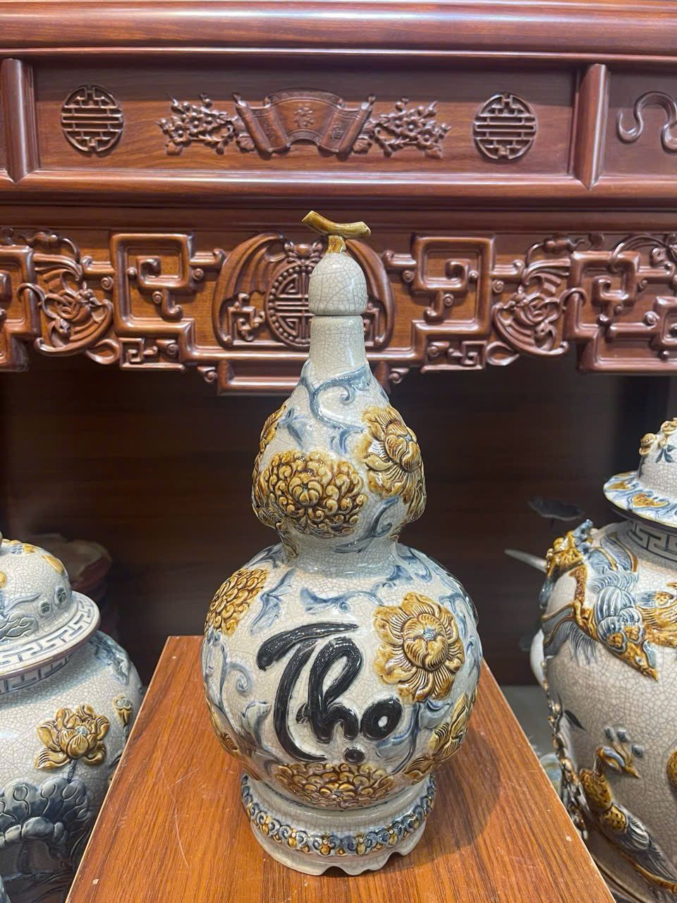  Hồ lô men rạn đắp nổi Chữ Phúc - Lộc - Thọ - Gốm sứ Bát Tràng cao cấp 