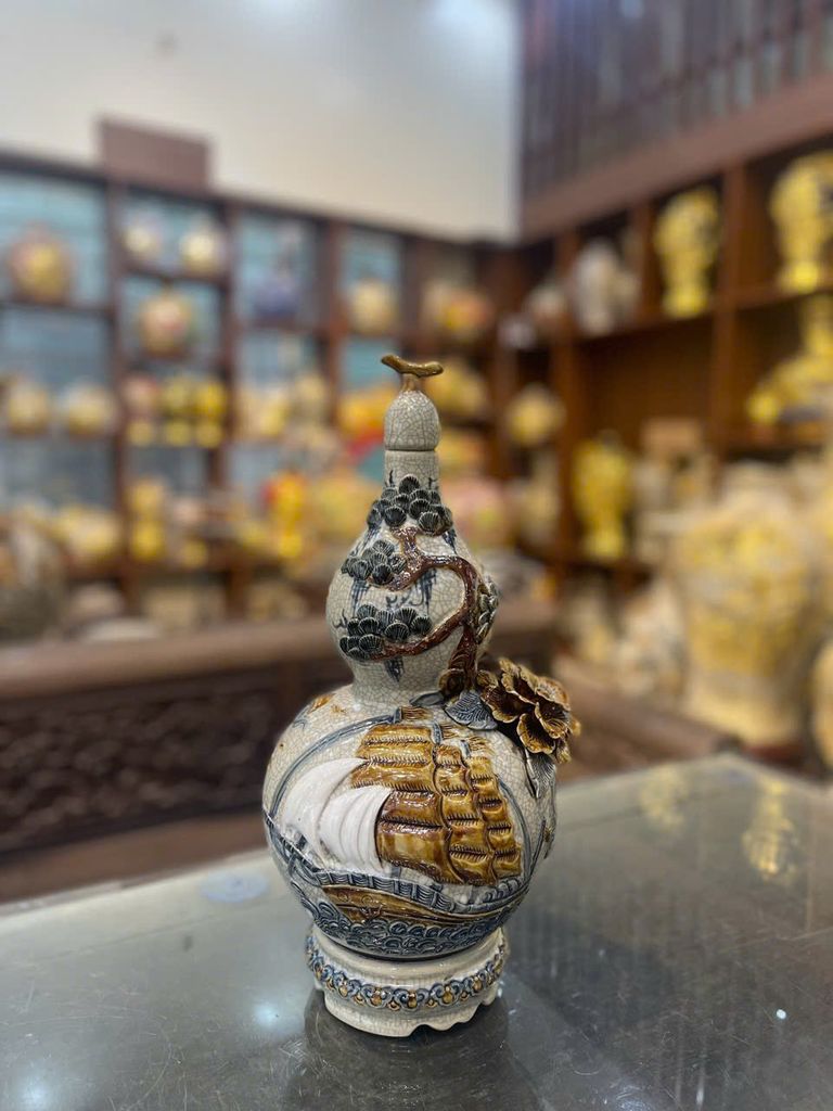  Hồ lô men rạn đắp nổi Thuận buồm xuôi gió - Gốm sứ Bát Tràng cao cấp 