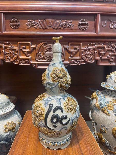  Hồ lô men rạn đắp nổi Chữ Phúc - Lộc - Thọ - Gốm sứ Bát Tràng cao cấp 