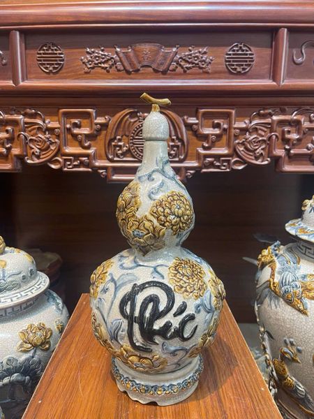  Hồ lô men rạn đắp nổi Chữ Phúc - Lộc - Thọ - Gốm sứ Bát Tràng cao cấp 