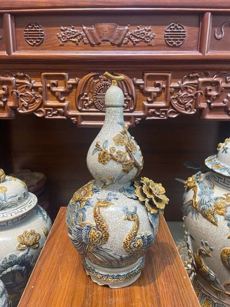  Hồ lô men rạn đắp nổi 3D Công đào - Gốm sứ Bát Tràng cao cấp 