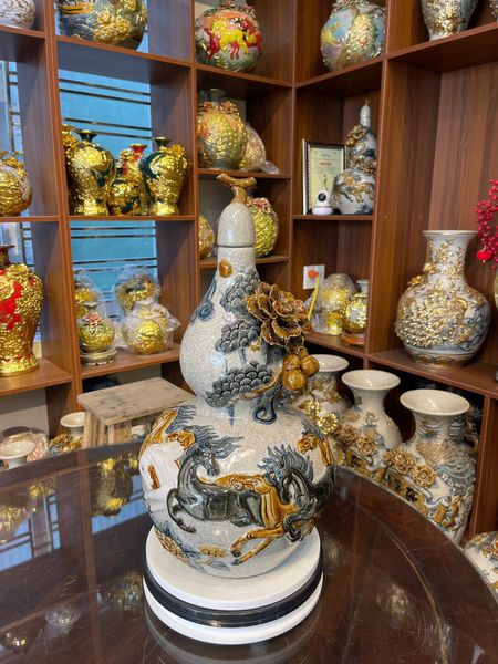  Hồ lô men rạn đắp nổi 3D Mã đáo thành công - Gốm sứ Bát Tràng cao cấp 