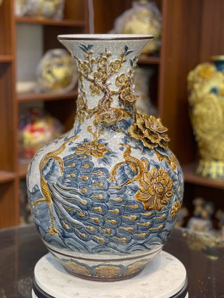  Tỏi men rạn đắp nổi 3D Loe Công Đào Hoa Kênh - Gốm sứ Bát Tràng chính hãng 