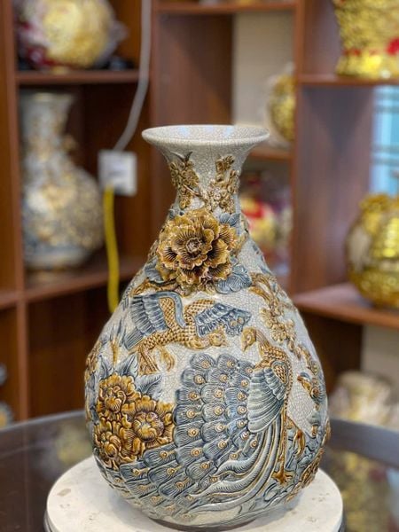  Tỳ Bà men rạn Công Đào đắp nổi 3D - Gốm sứ Bát Tràng cao cấp 