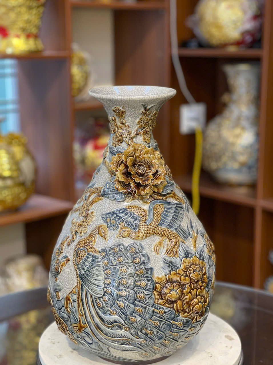  Tỳ Bà men rạn Công Đào đắp nổi 3D - Gốm sứ Bát Tràng cao cấp 