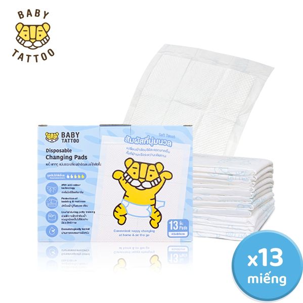  Miếng Lót Chống Thấm Cho Bé BABY TATTOO, Sử Dụng 1 Lần, 5 Lớp Thấm Hút, Khô Thoáng, Chống Tràn, Hộp 13 Miếng 