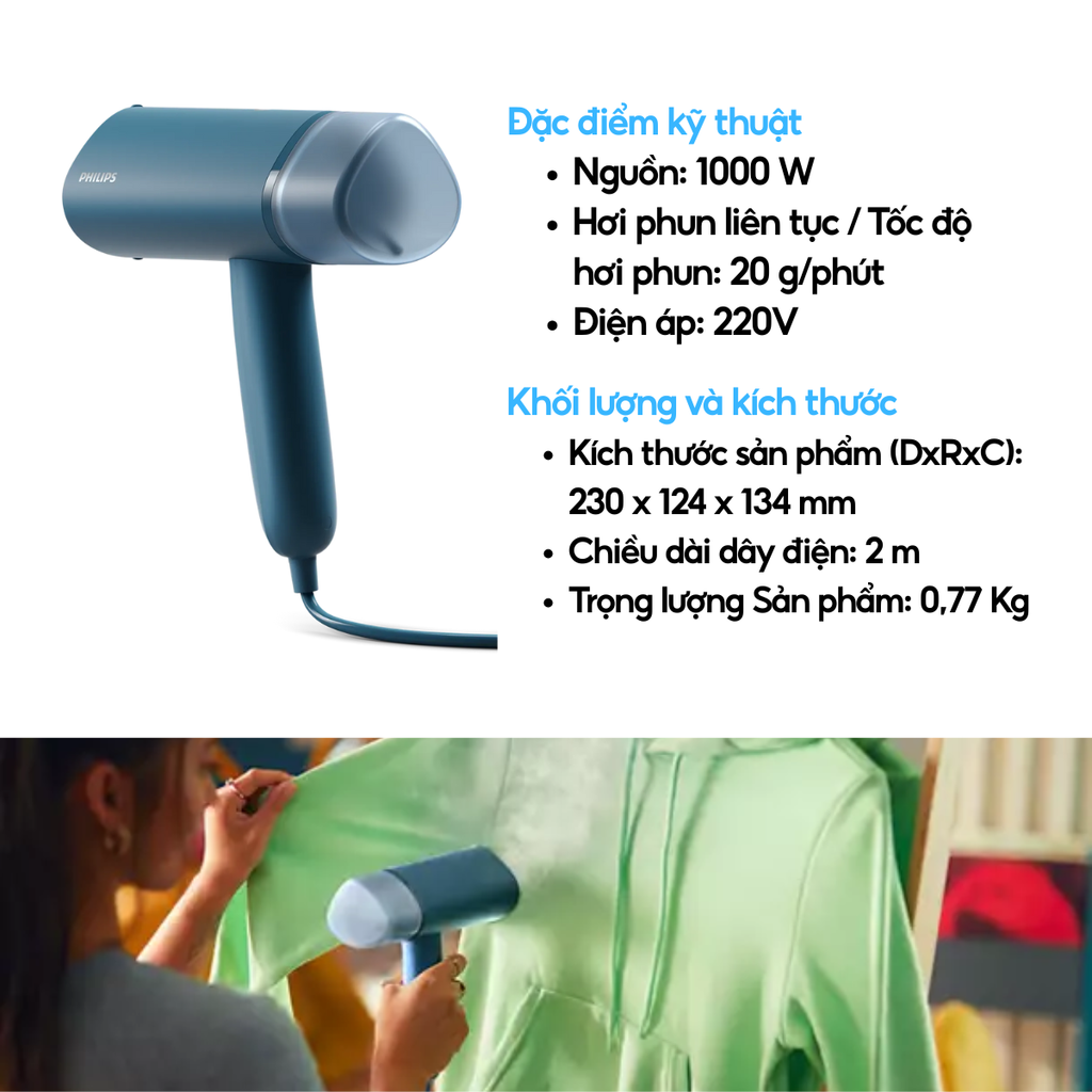 Bàn ủi hơi nước cầm tay Philips STH3000/20 Công suất 1000W