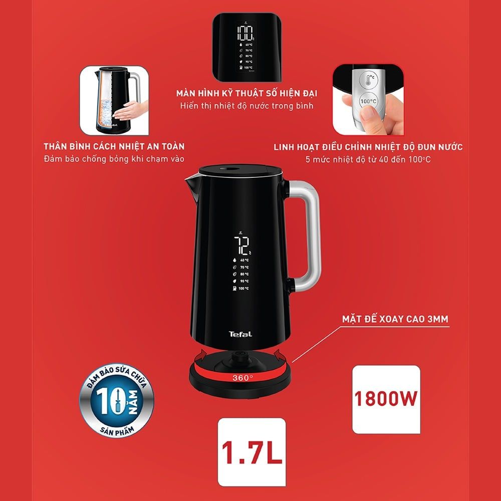 Bình đun siêu tốc hiển thị nhiệt độ 1.7L Tefal Smart&Light KO850810