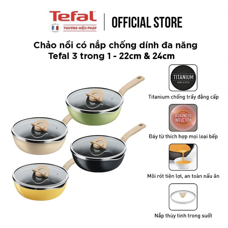 Chảo nồi có nắp chống dính đa năng Tefal One Pick Pot Pan 3 trong 1