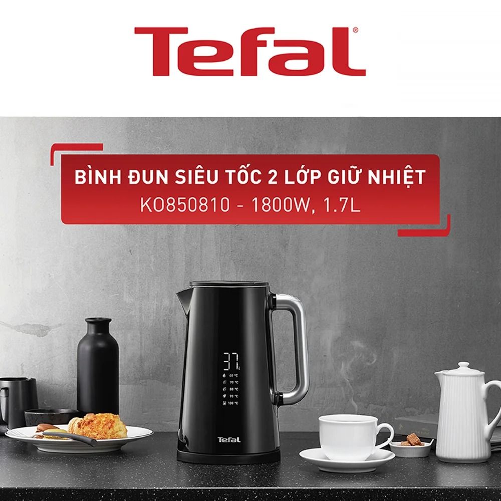 Bình đun siêu tốc hiển thị nhiệt độ 1.7L Tefal Smart&Light KO850810