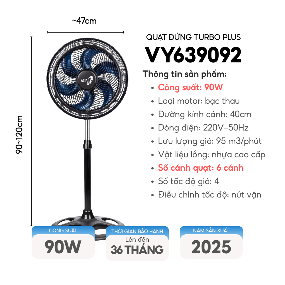 [Mẫu mới 2025] Quạt đứng ASIAVINA TURBO PLUS 90W 6 cánh