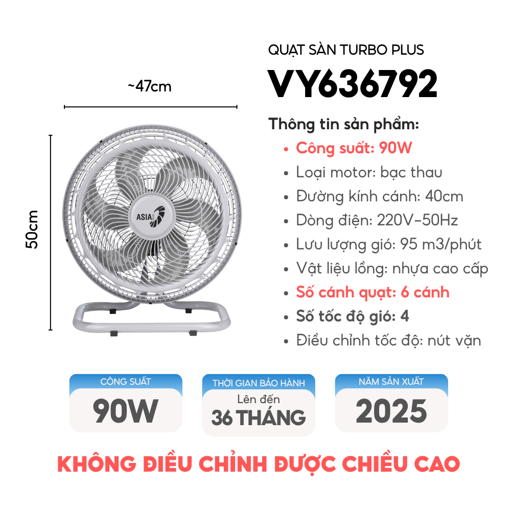 [Mẫu mới 2025] Quạt sàn ASIAVINA TURBO PLUS 90W 6 cánh