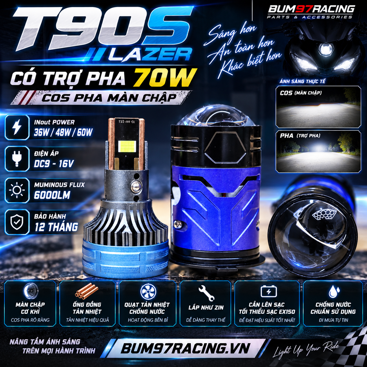 ĐÈN T90S LAZER CÓ TRỢ PHA 70W (COS PHA MÀN CHẬP)