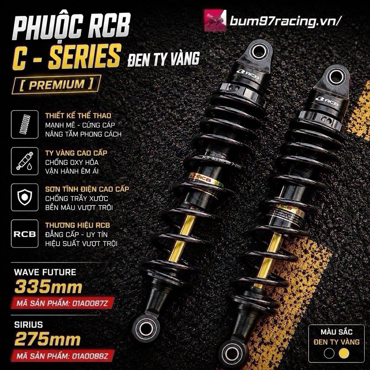 Phuộc RCB C - SERIES ĐEN TY VÀNG [ PREMIUM ]