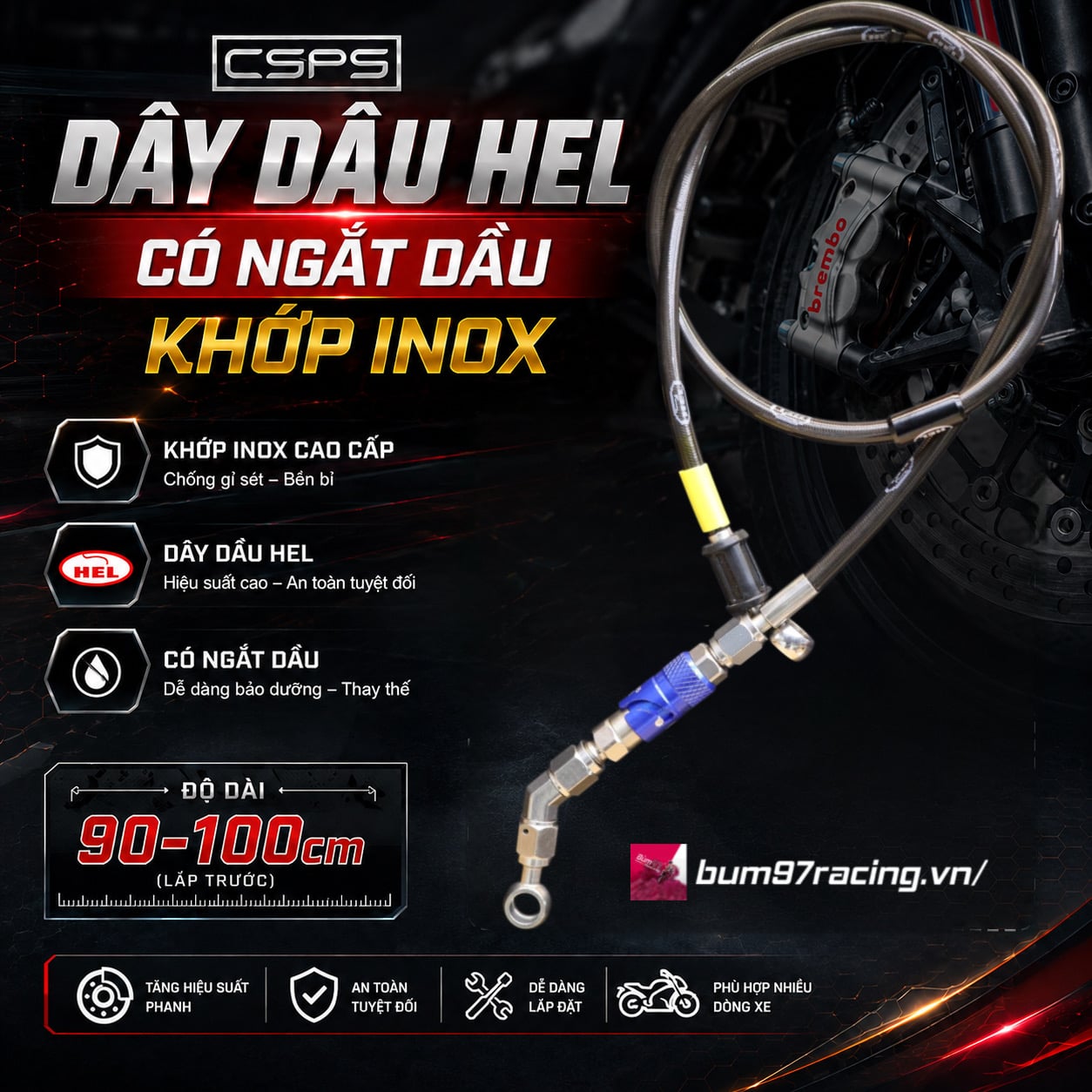 Dây Dầu HEL BẤM ĐẦU INOX 45° Ngắt Dầu