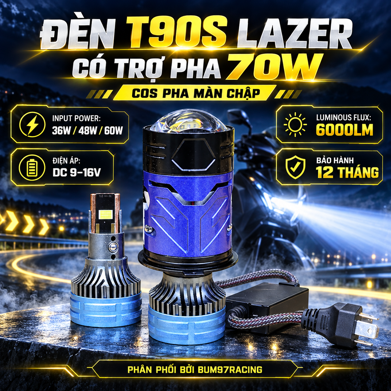 ĐÈN T90S LAZER CÓ TRỢ PHA 70W (COS PHA MÀN CHẬP)