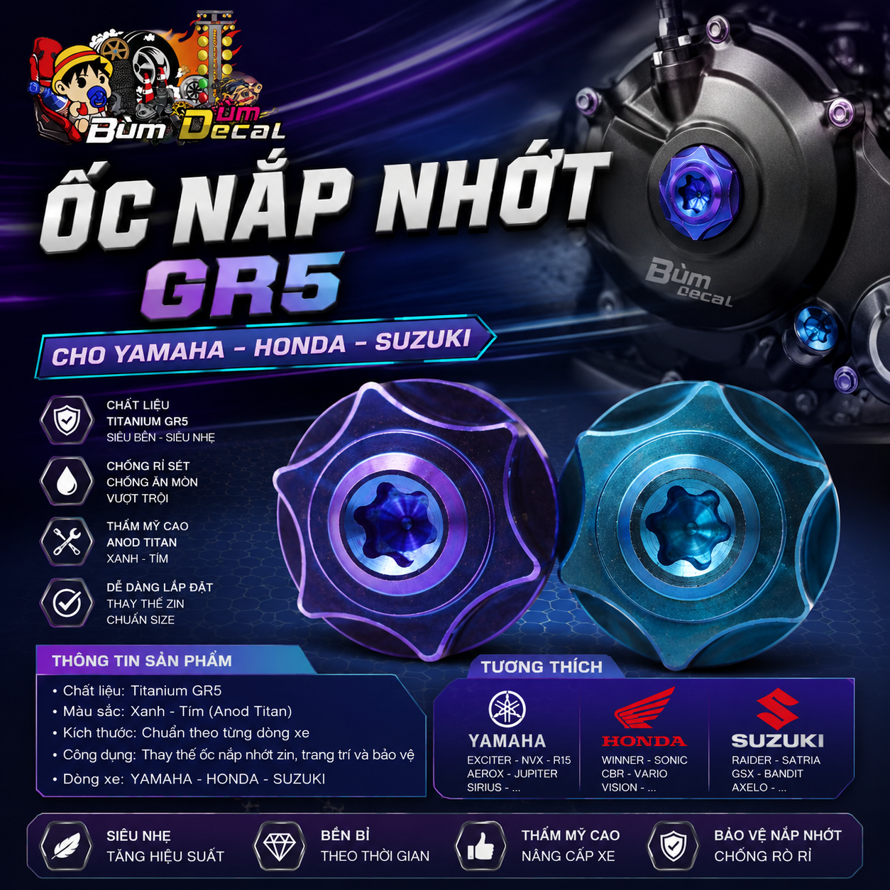 Ốc Nắp Nhớt GR5 Cho YAMAHA - HONDA - SUZUKI [ Khuyến Mãi ]