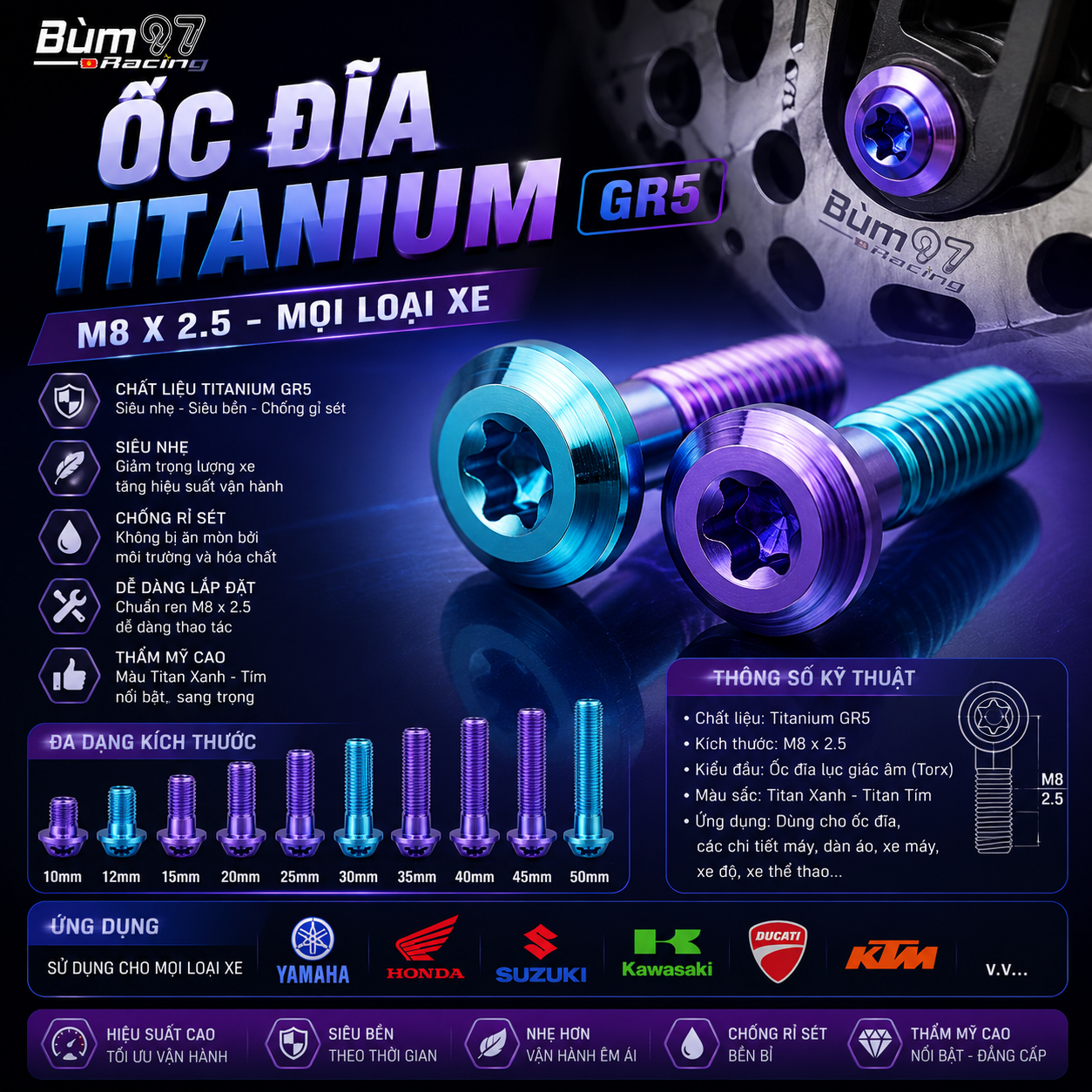 ỐC ĐĨA TITANIUM GR5 – M8 x 2.5 CHO MỌI LOẠI XE