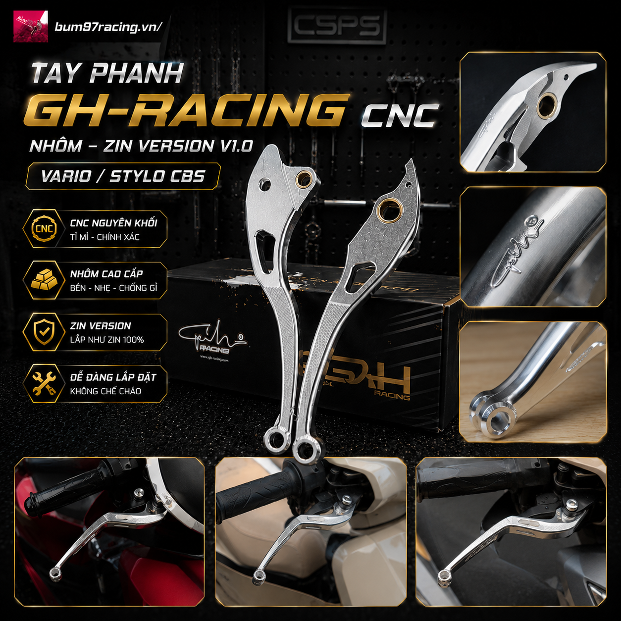 TAY PHANH GH-RACING CNC NHÔM – ZIN VERSION V1.0 (VARIO / STYLO CBS)
