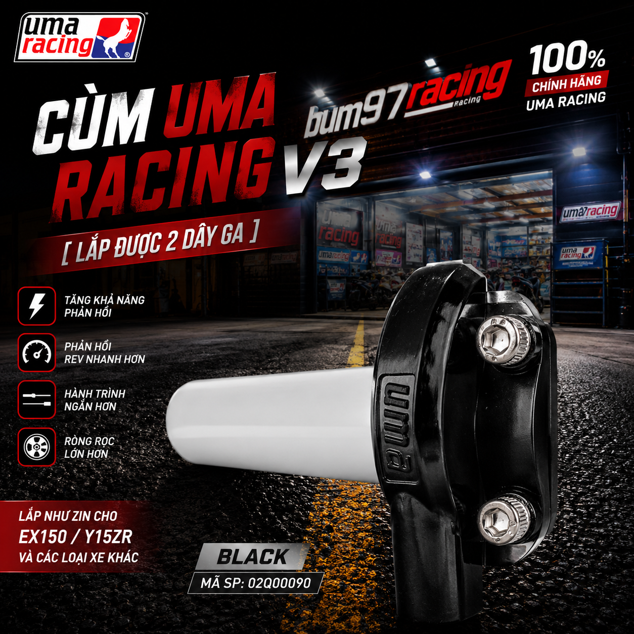 Cùm Uma Racing V3 Chính Hãng [ Lắp Được 2 Dây Ga ]