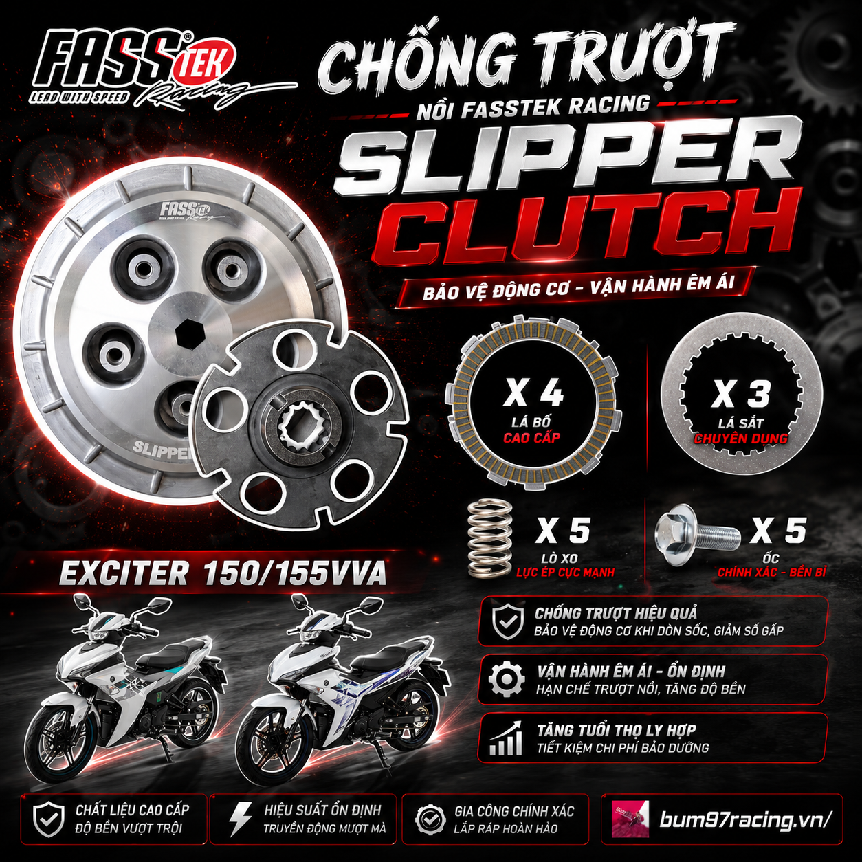 NỒI FASSTEK RACING SLIPPER CLUTCH CHỐNG TRƯỢT CHO Y15ZR/EX150/EX155