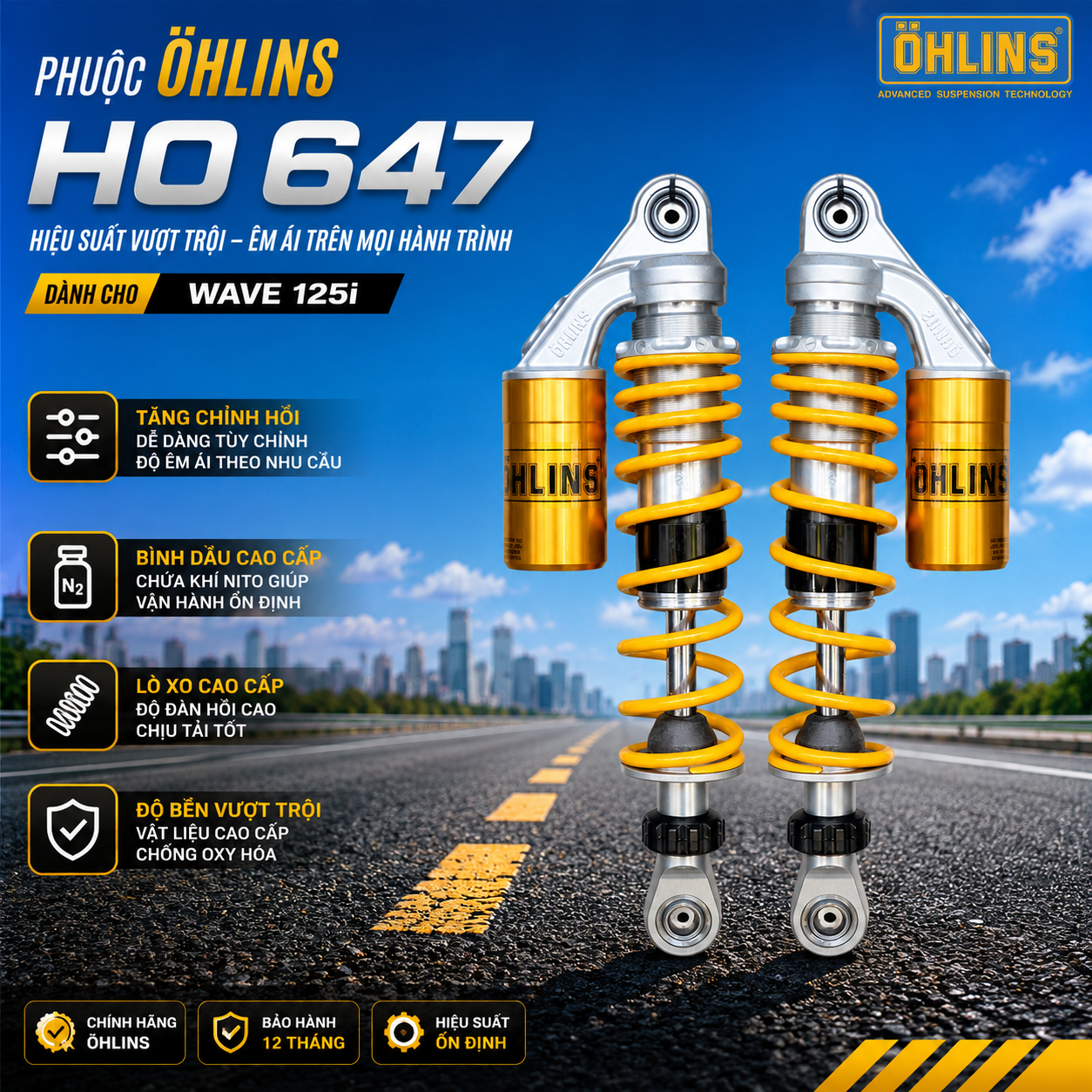 Ohlins Honda Wave 125i – HO 647 Bình Dầu Liền