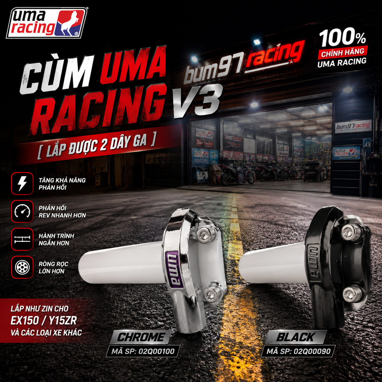 Cùm Uma Racing V3 Chính Hãng [ Lắp Được 2 Dây Ga ]