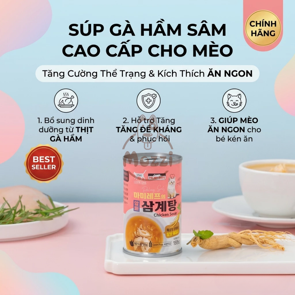 Súp gà hầm sâm cho chó mèo Palmy Days