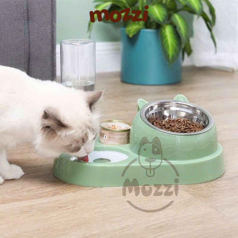 Chén bát ăn cho chó mèo Chống gù kèm nước tự động mặt mèo