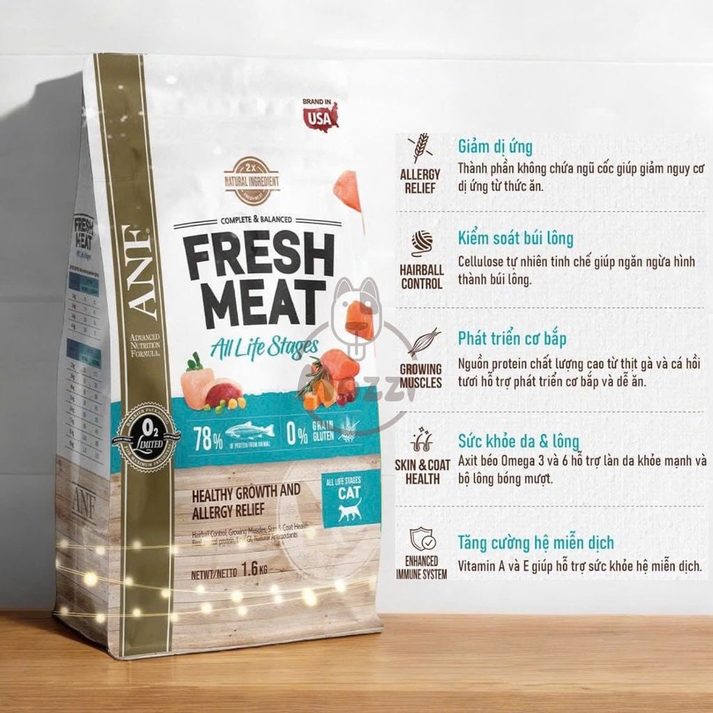 Thức ăn hạt ANF Fresh Meat gấp đôi thịt cho mèo Bịch 1.6kg
