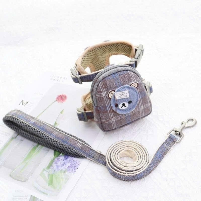 Dây dắt yếm ngực gắn ba lô mặt gấu cho chó mèo