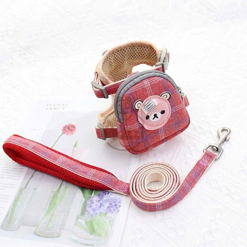 Dây dắt yếm ngực gắn ba lô mặt gấu cho chó mèo