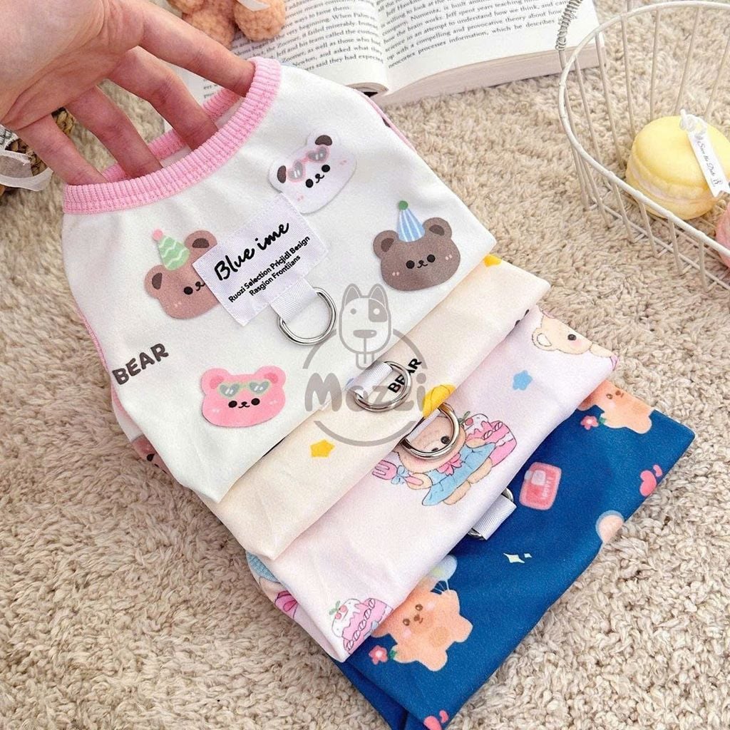 Áo 3 lỗ Blue ime có khoen dắt cho chó mèo