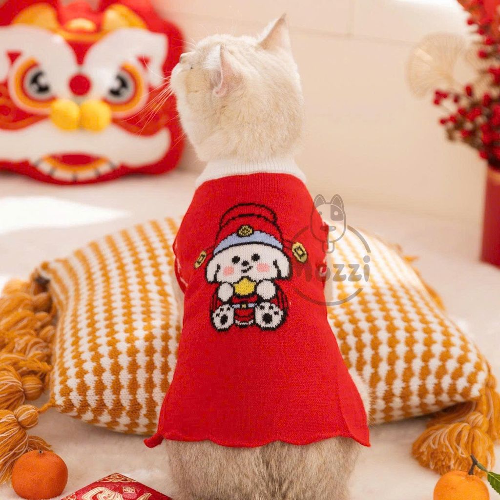 Áo len đỏ cổ trắng tà nhún cho chó mèo