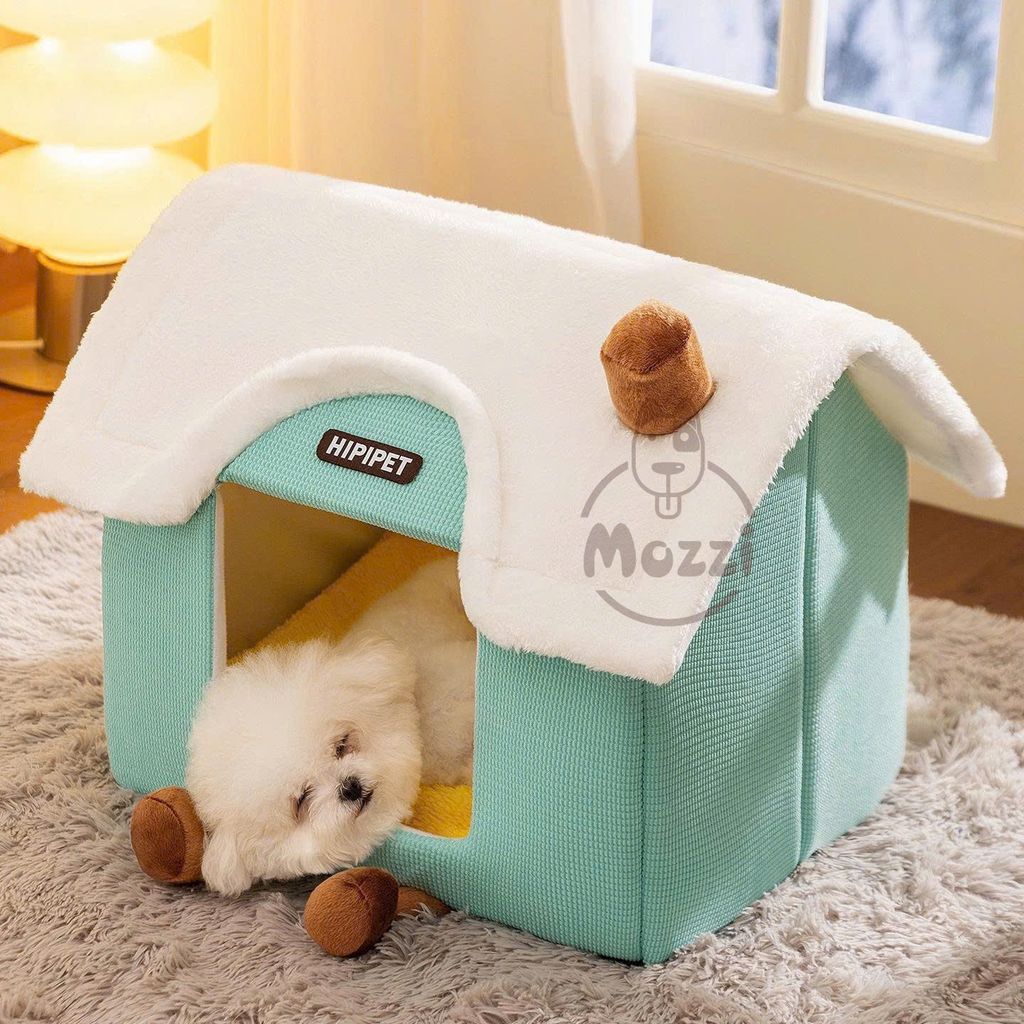 Nhà nệm cho chó mèo có mái viền bông mềm tháo rời