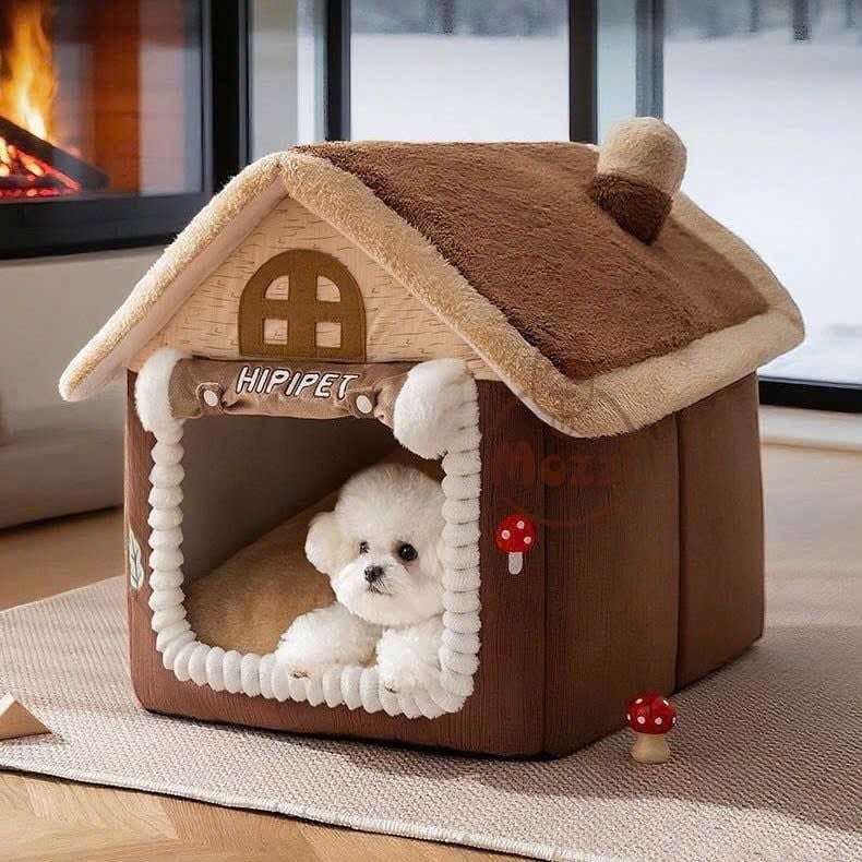 Nhà nệm cho chó mèo có mái viền bông mềm tháo rời
