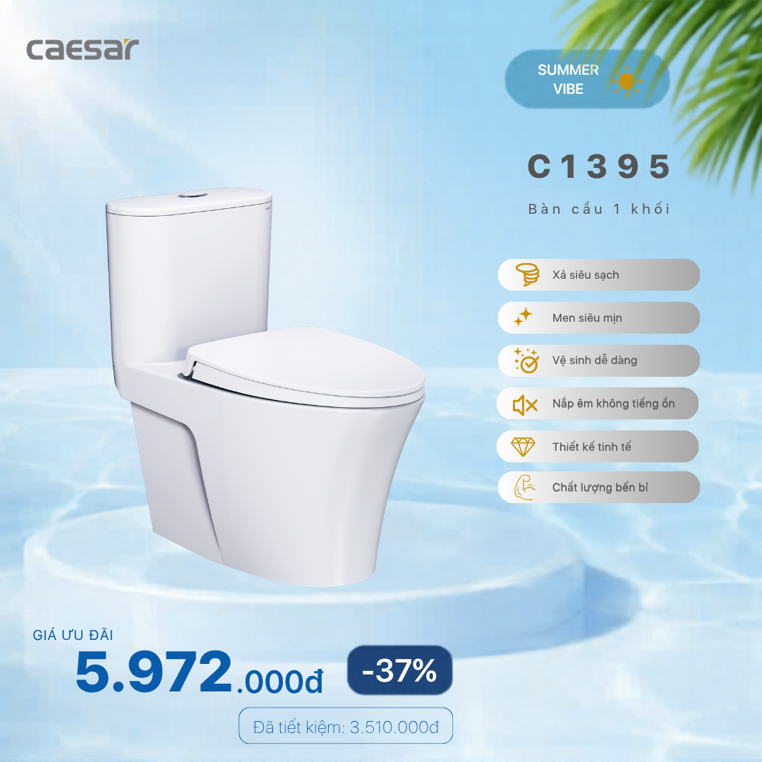  Khuyến mãi ưu đãi Bàn Cầu Một Khối Nắp Êm - C1395 
