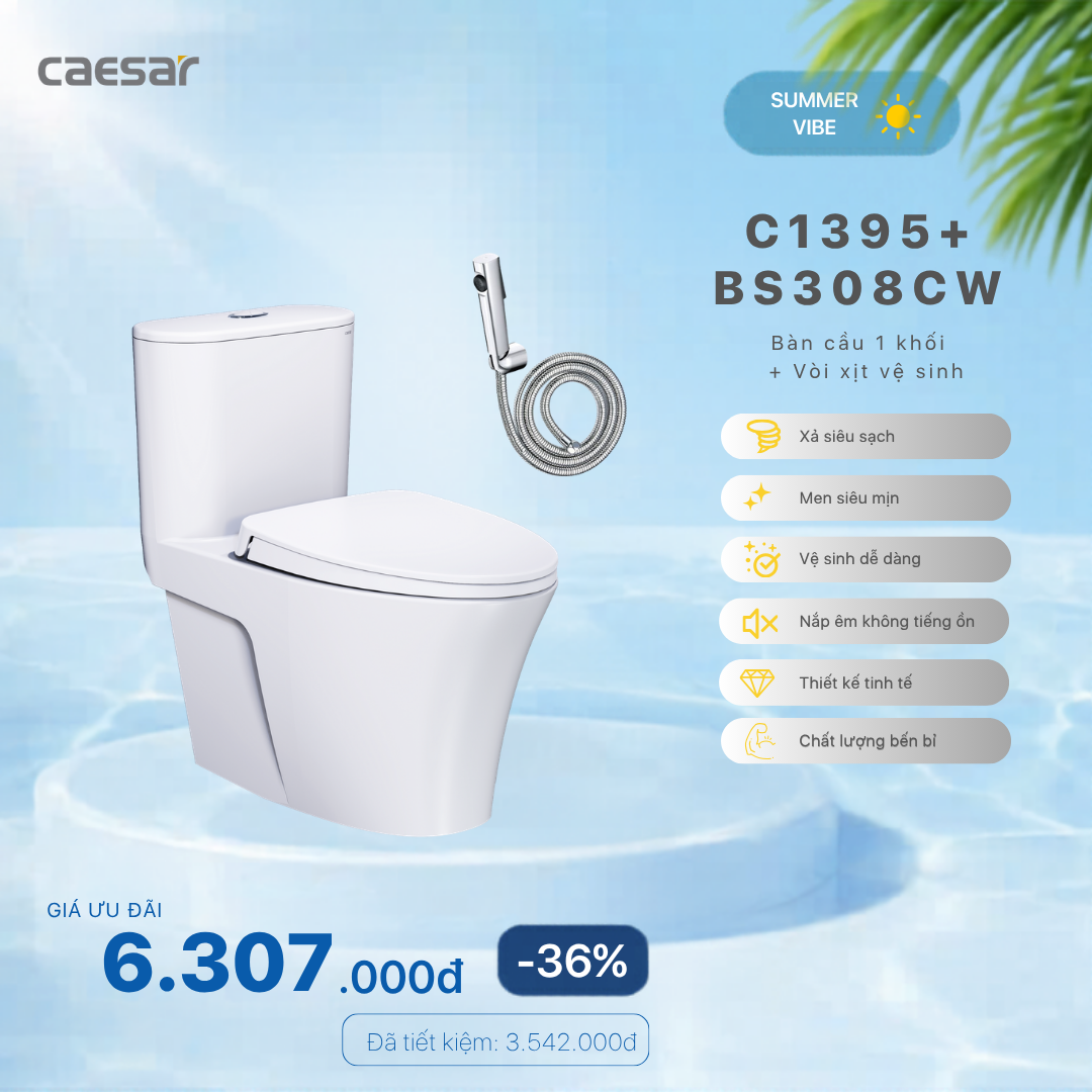  Khuyến mãi ưu đãi Bàn Cầu Một khối + Vòi xịt - C1395 + BS308CW 