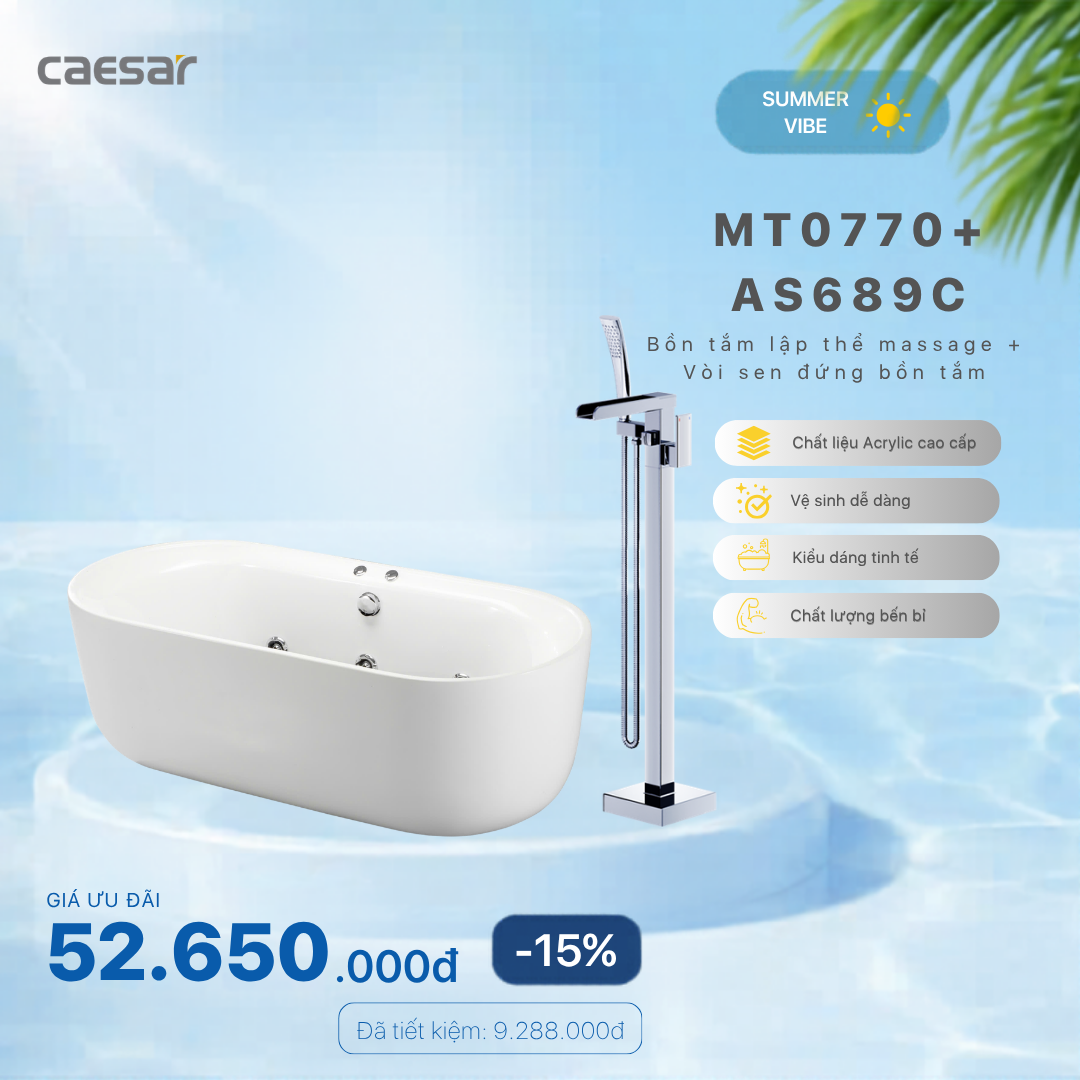  Khuyến mãi ưu đãi - Bồn tắm Chân Yếm (Lập thể) + Vòi Sen Đứng Bồn Tắm Nóng Lạnh - MT0770 + AS689C 