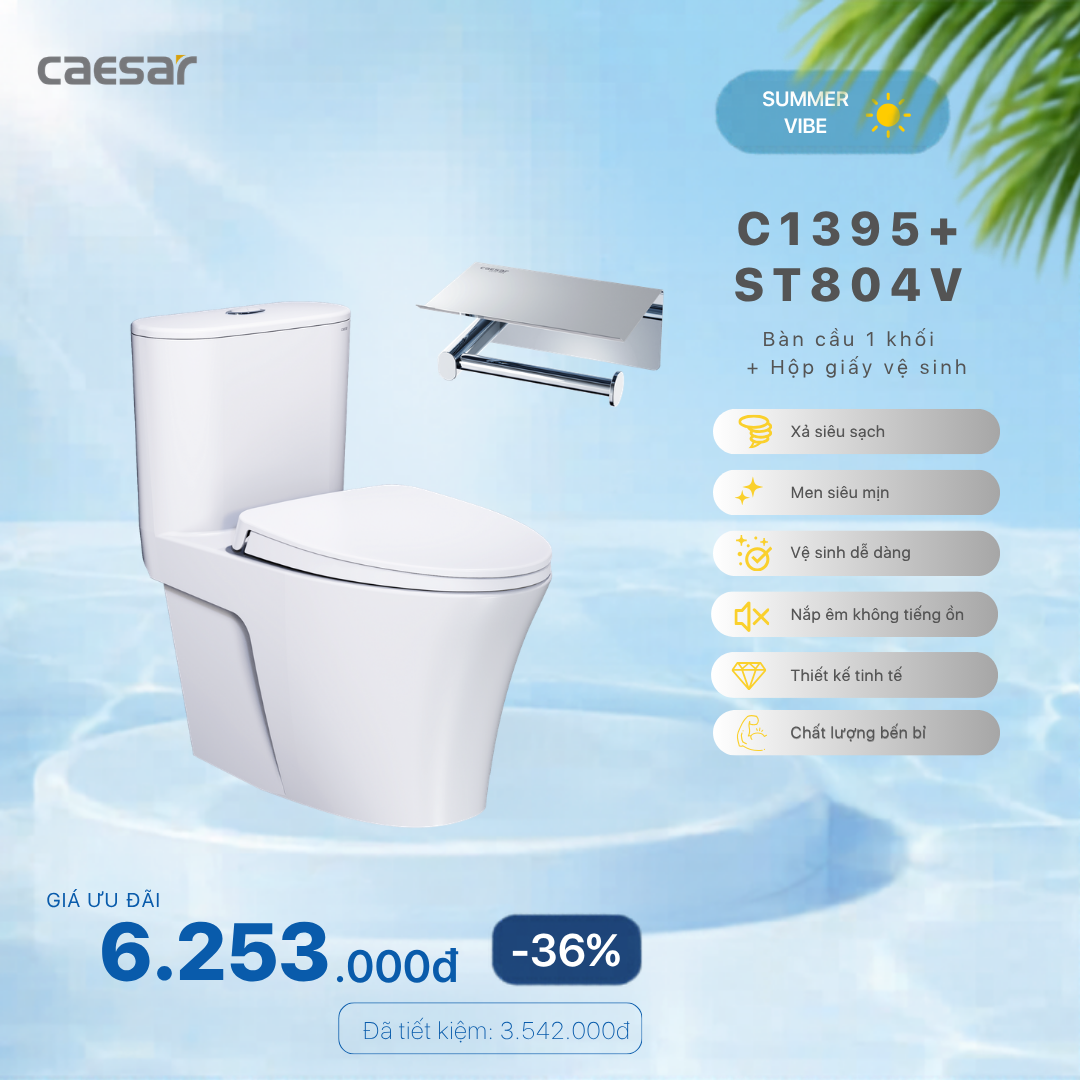  Khuyến mãi ưu đãi Bàn Cầu Một khối + Hộp đựng giấy vệ sinh - C1395 + ST804V 