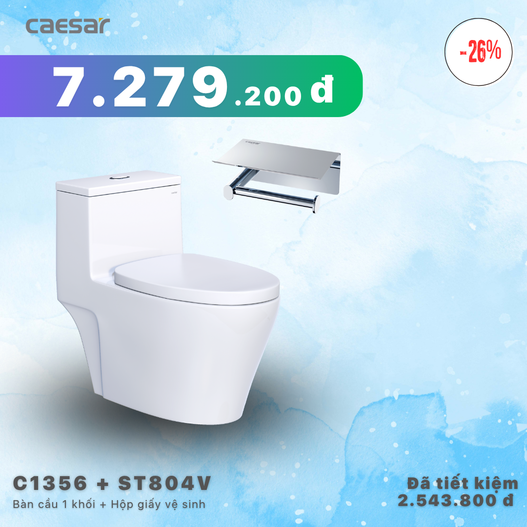 Khuyến mãi ưu đãi Bàn Cầu Một Khối + Hộp đựng giấy vệ sinh  - C1356 + ST804V 