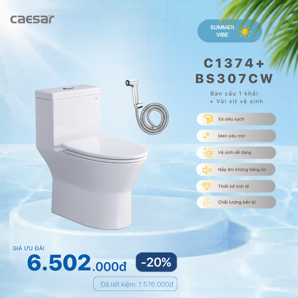  Khuyến mãi ưu đãi - Bàn Cầu Một Khối + Vòi xịt - C1374 + BS307CW 