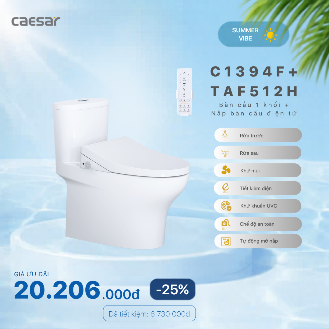  Khuyến mãi ưu đãi - Bàn Cầu Một Khối + Nắp điện tử- C1394F + TAF512H 