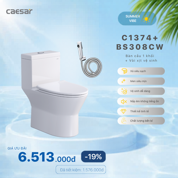  Khuyến mãi ưu đãi - Bàn Cầu Một Khối + Vòi xịt - C1374 + BS308CW 