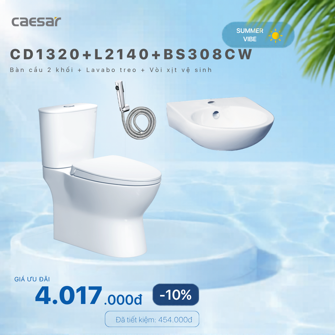  Khuyến mãi combo  - Bàn Cầu 2 Khối +  Lavabo + Vòi xịt xi - CD1320 + L2140 + BS308CW 