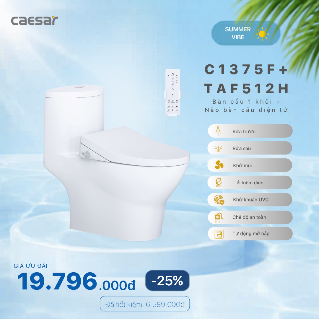  Khuyến mãi ưu đãi - Bàn Cầu Một  Khối + Nắp điện tử - C1375F + TAF512H 