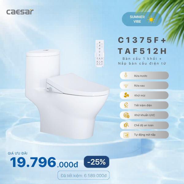 Khuyến mãi ưu đãi - Bàn Cầu Một  Khối + Nắp điện tử - C1375F + TAF512H