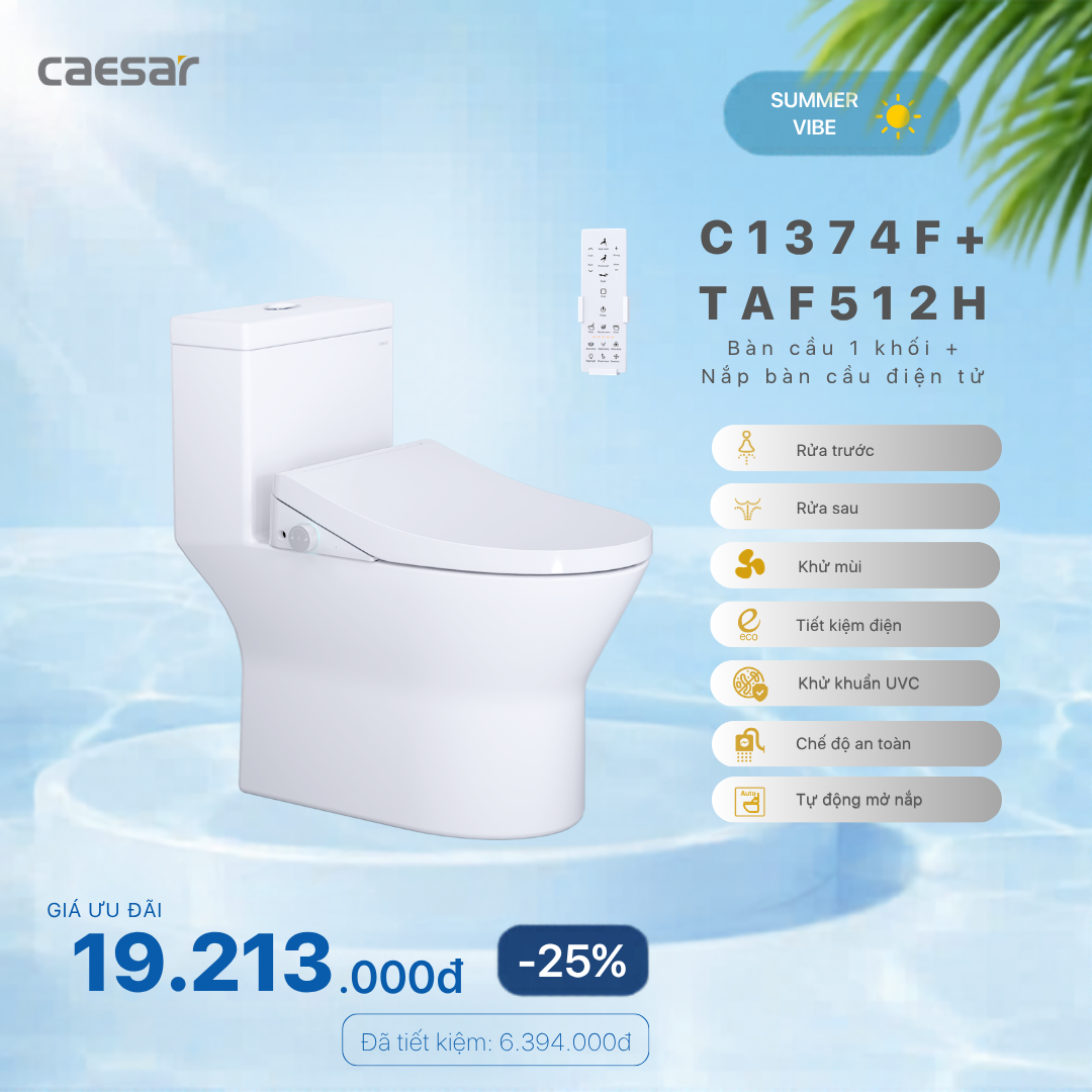  Khuyến mãi ưu đãi Bàn Cầu Một  Khối + Nắp điện tử - C1374F + TAF512H 