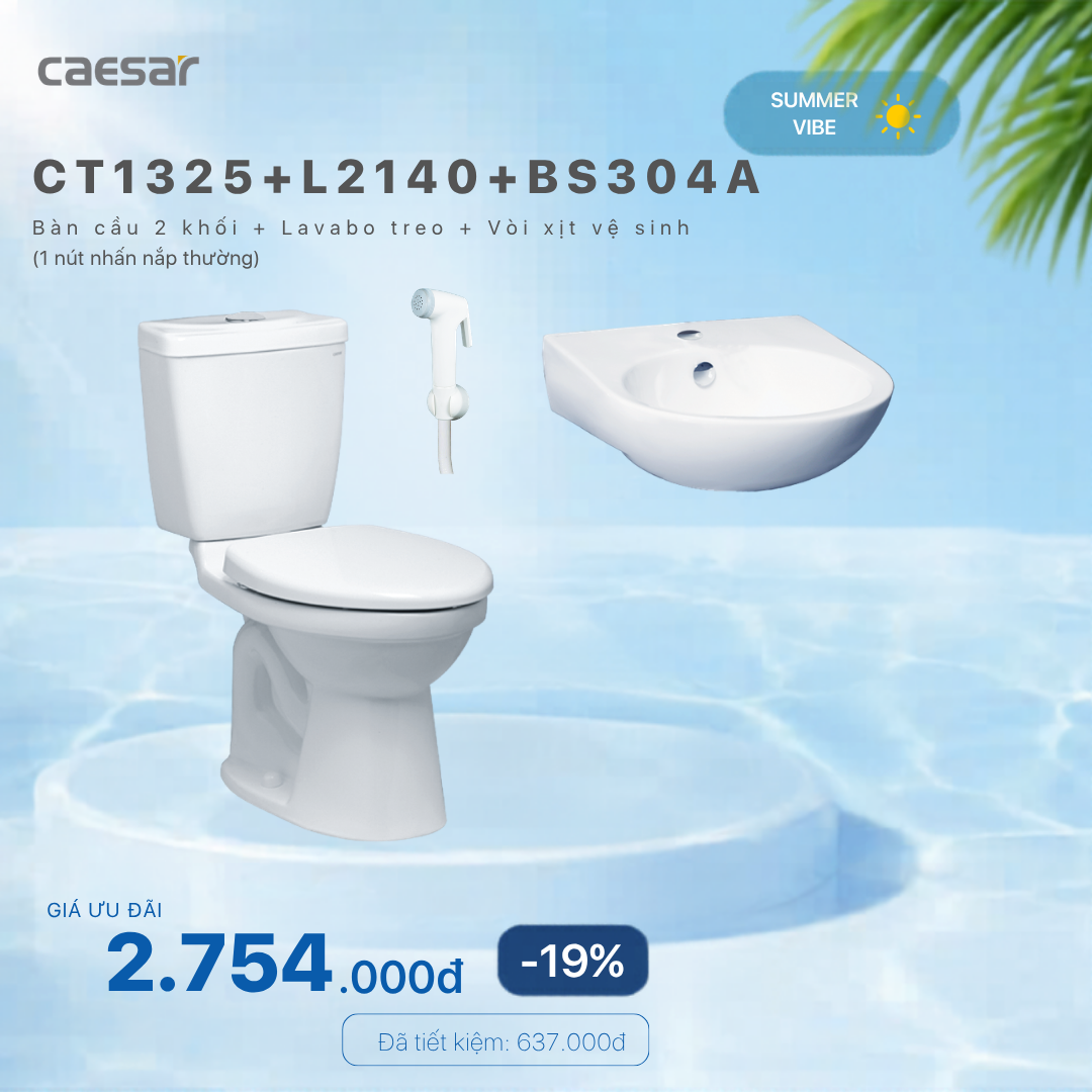  Khuyến mãi combo - Bàn Cầu 2 Khối + Lavabo Treo Tường + Vòi Xịt Nhựa - CT1325 + L2140 + BS304A 